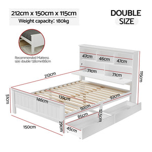 Double Bed Frame | Wooden Bed Base | Headboard with 3 Shelves | White