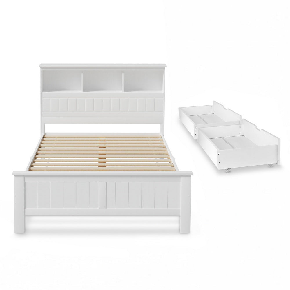 Double Bed Frame | Wooden Bed Base | Headboard with 3 Shelves | White