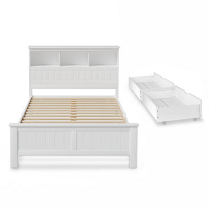 Double Bed Frame | Wooden Bed Base | Headboard with 3 Shelves | White