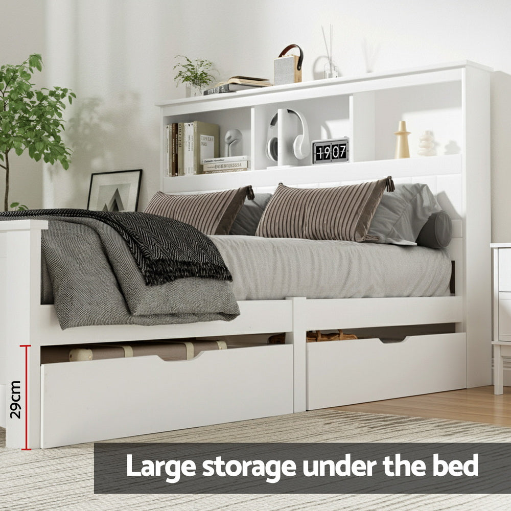 Double Bed Frame | Wooden Bed Base | Headboard with 3 Shelves | White