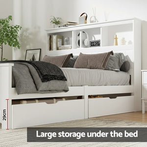 Double Bed Frame | Wooden Bed Base | Headboard with 3 Shelves | White