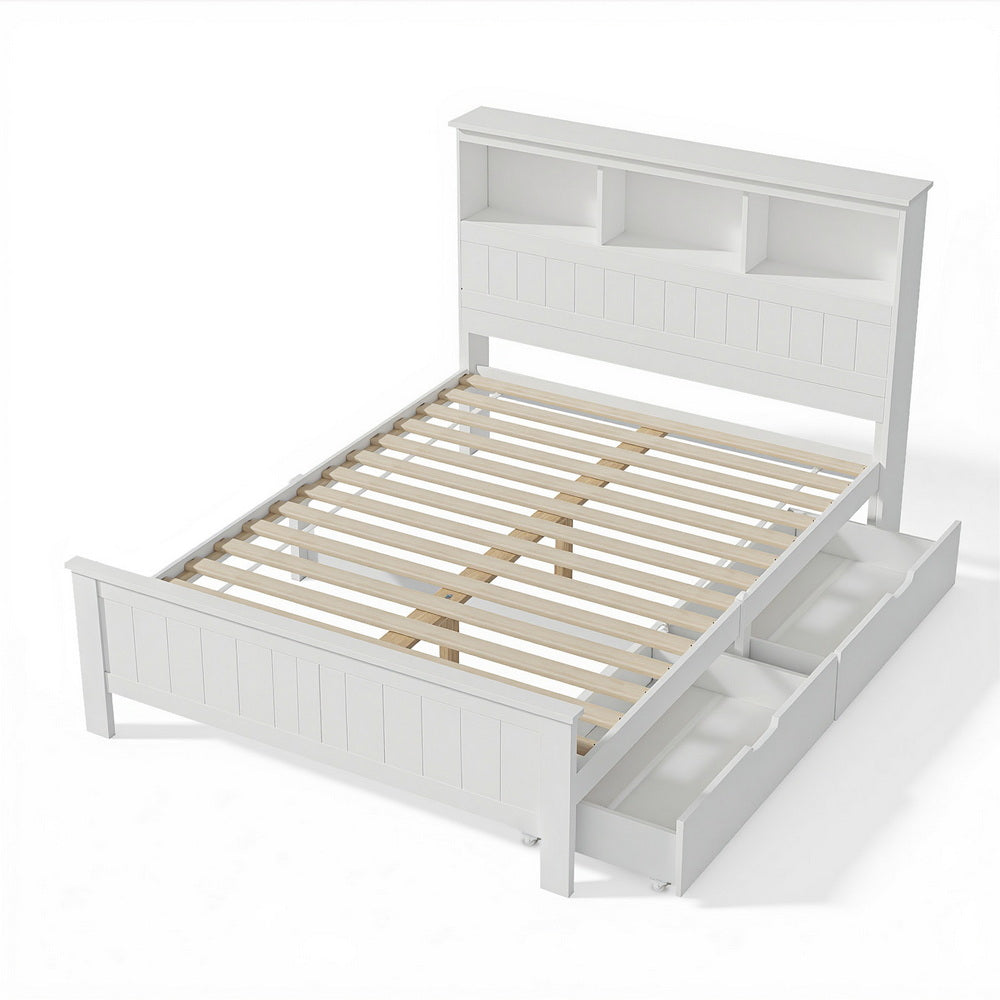 Double Bed Frame | Wooden Bed Base | Headboard with 3 Shelves | White