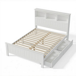 Double Bed Frame | Wooden Bed Base | Headboard with 3 Shelves | White