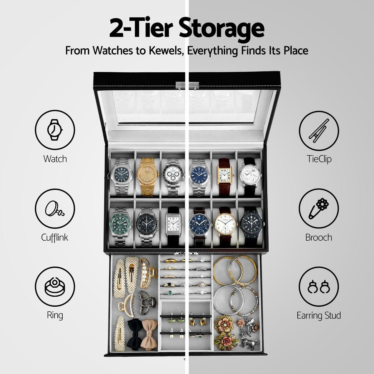 12-Slot Watch Storage Case | Display Organiser Box | Jewellery Holder (Set B)
