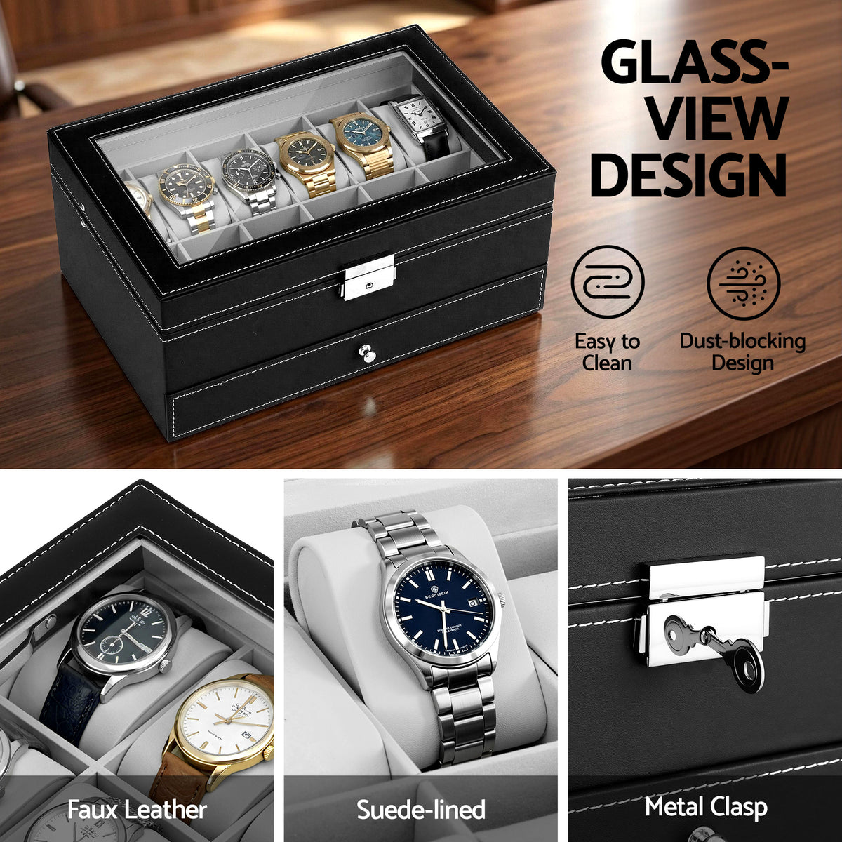 12-Slot Watch Storage Case | Display Organiser Box | Jewellery Holder (Set B)