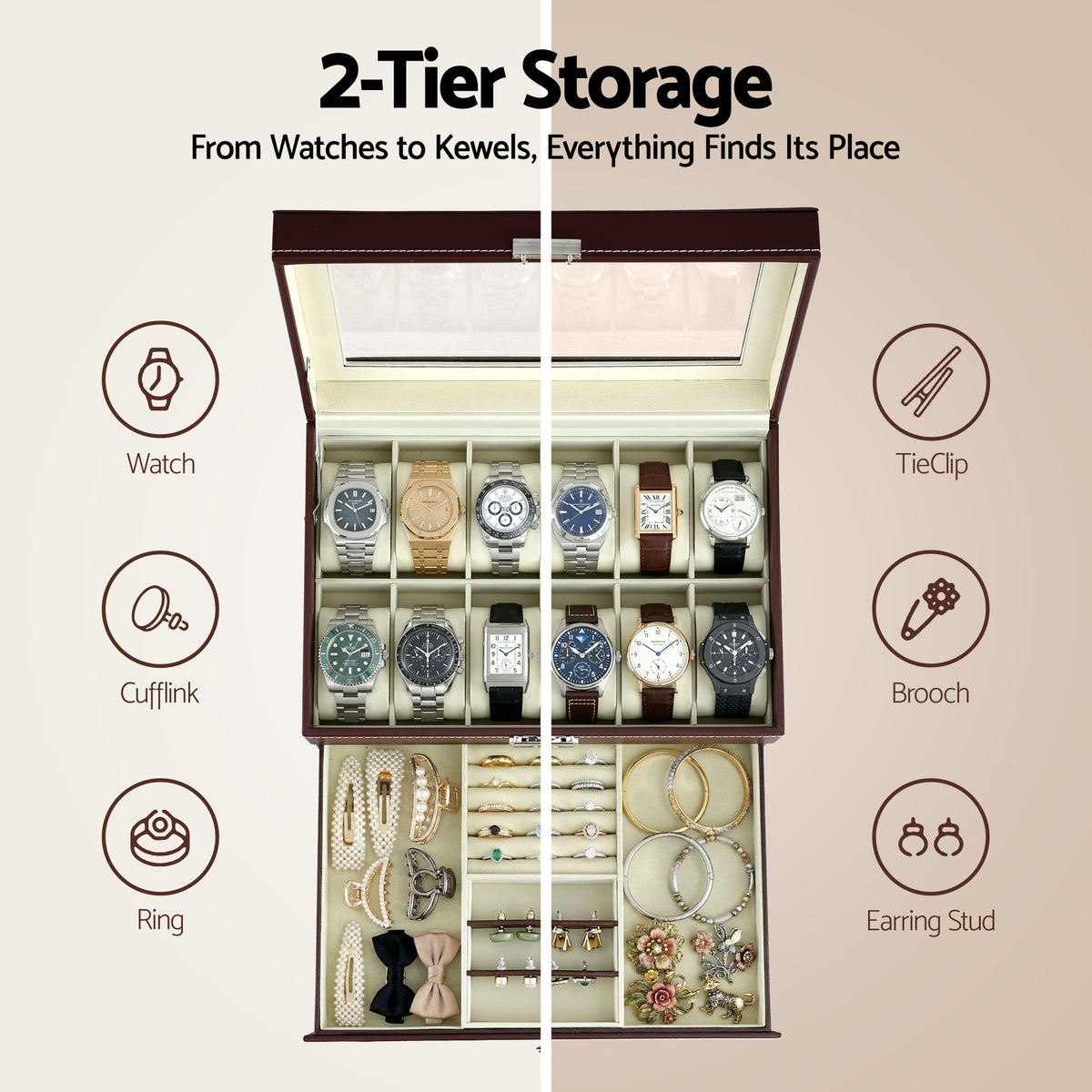 Watch Box Organiser | 12 Grids | Jewellery Storage Display Case (Set A)