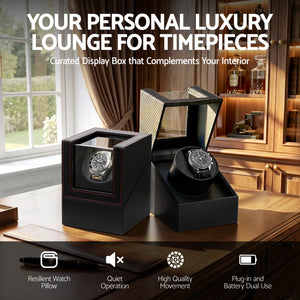 Single Watch Winder | Automatic Quiet Motor | Carbon Fibre Look | Black