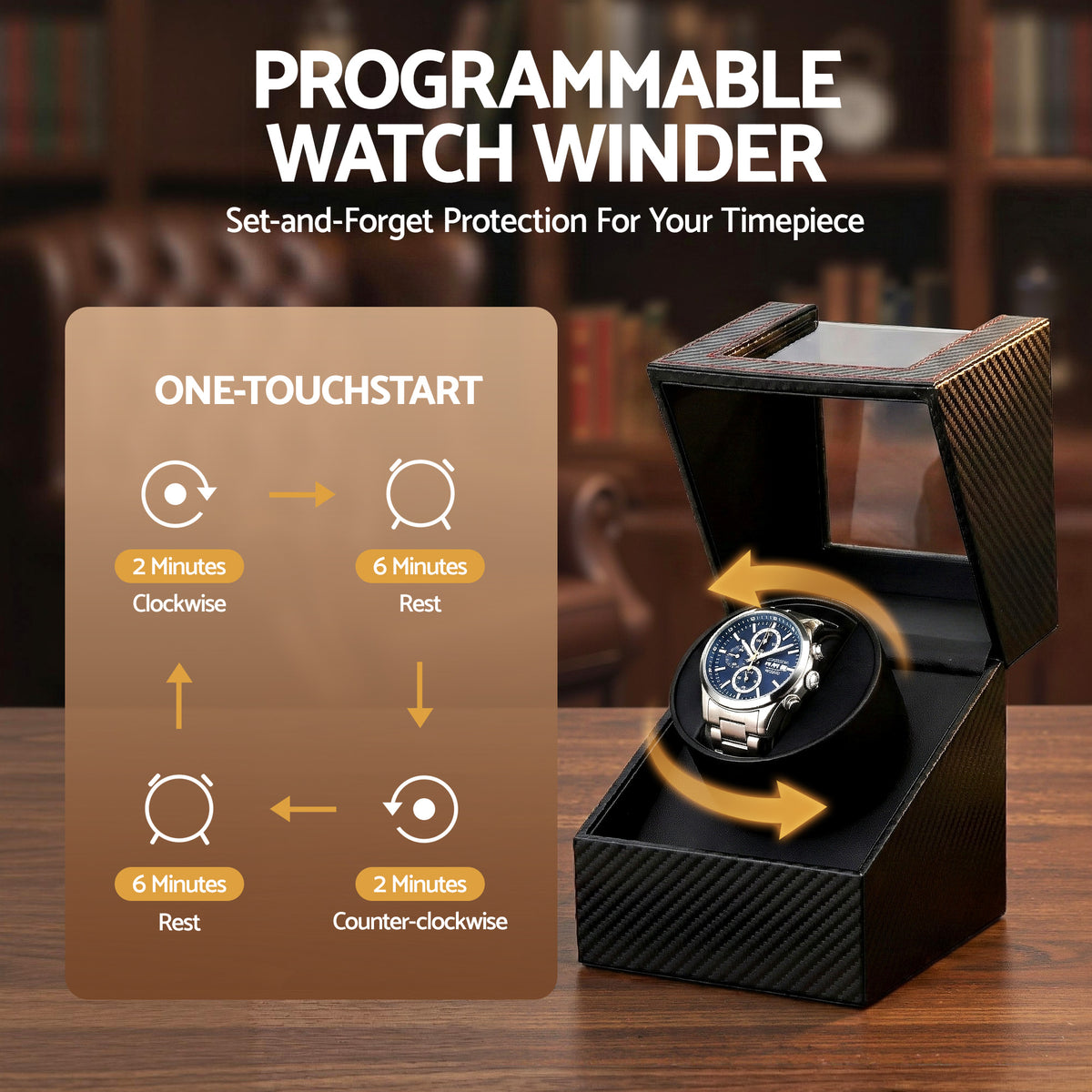 Single Watch Winder | Automatic Quiet Motor | Carbon Fibre Look | Black