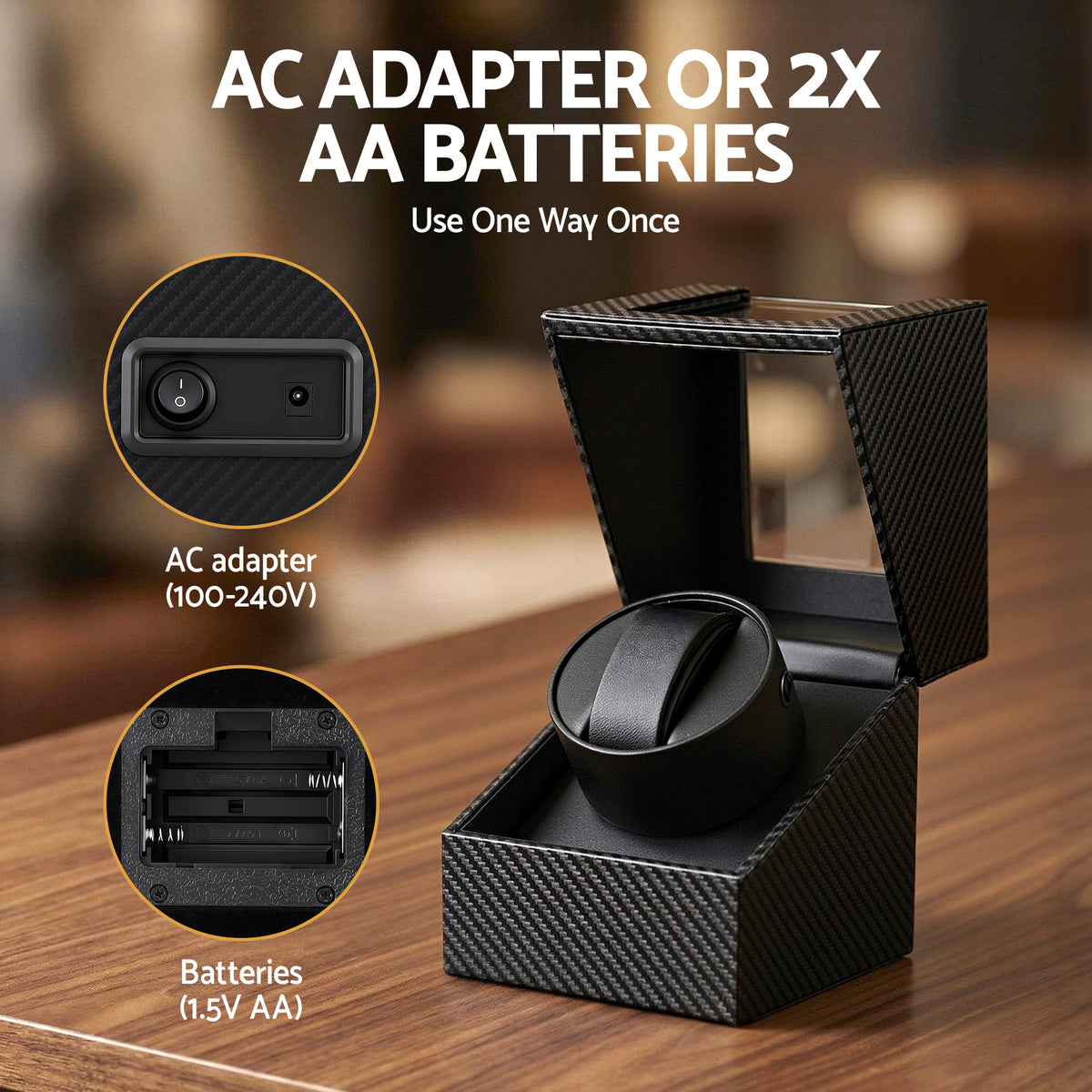 Single Watch Winder | Automatic Quiet Motor | Carbon Fibre Look | Black