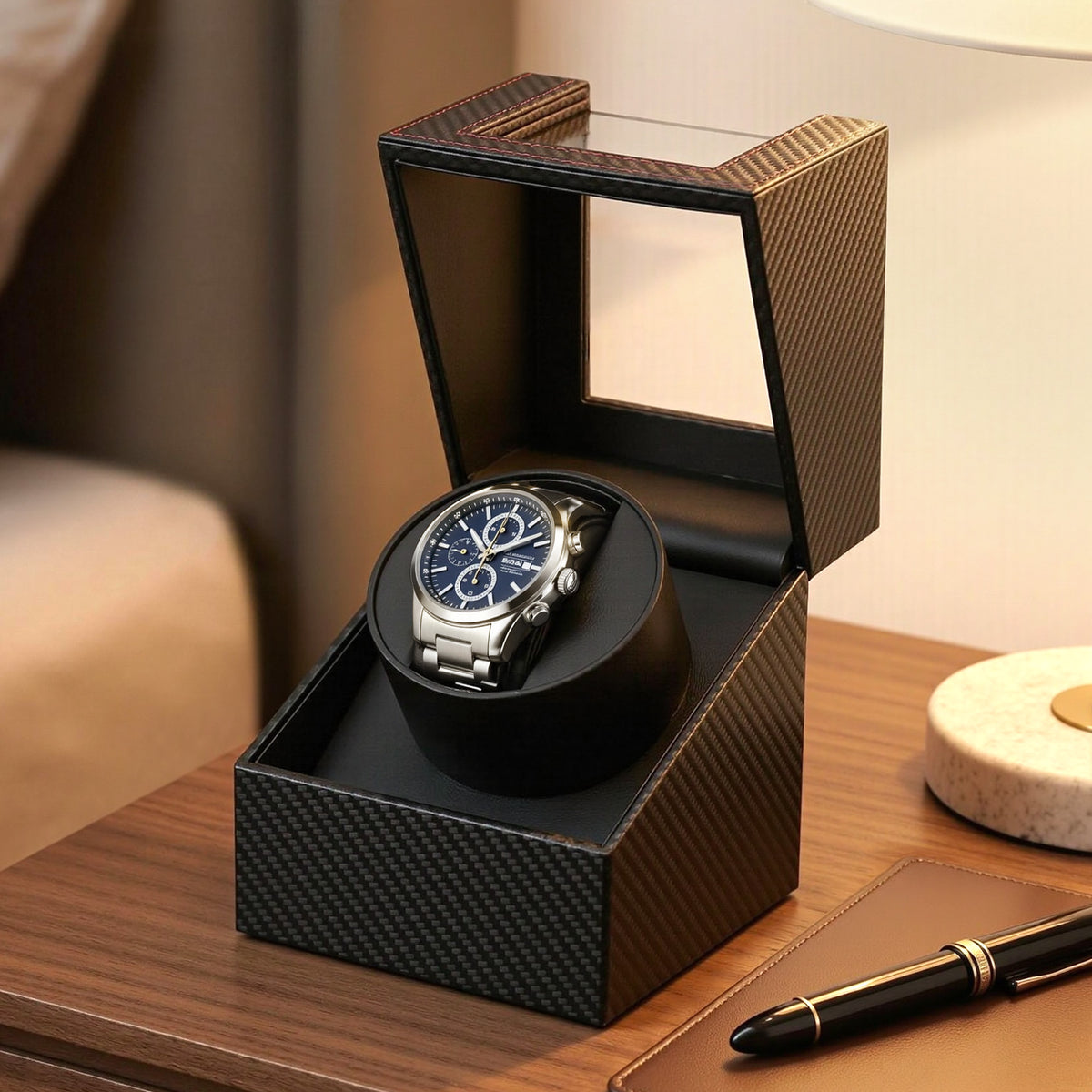 Single Watch Winder | Automatic Quiet Motor | Carbon Fibre Look | Black