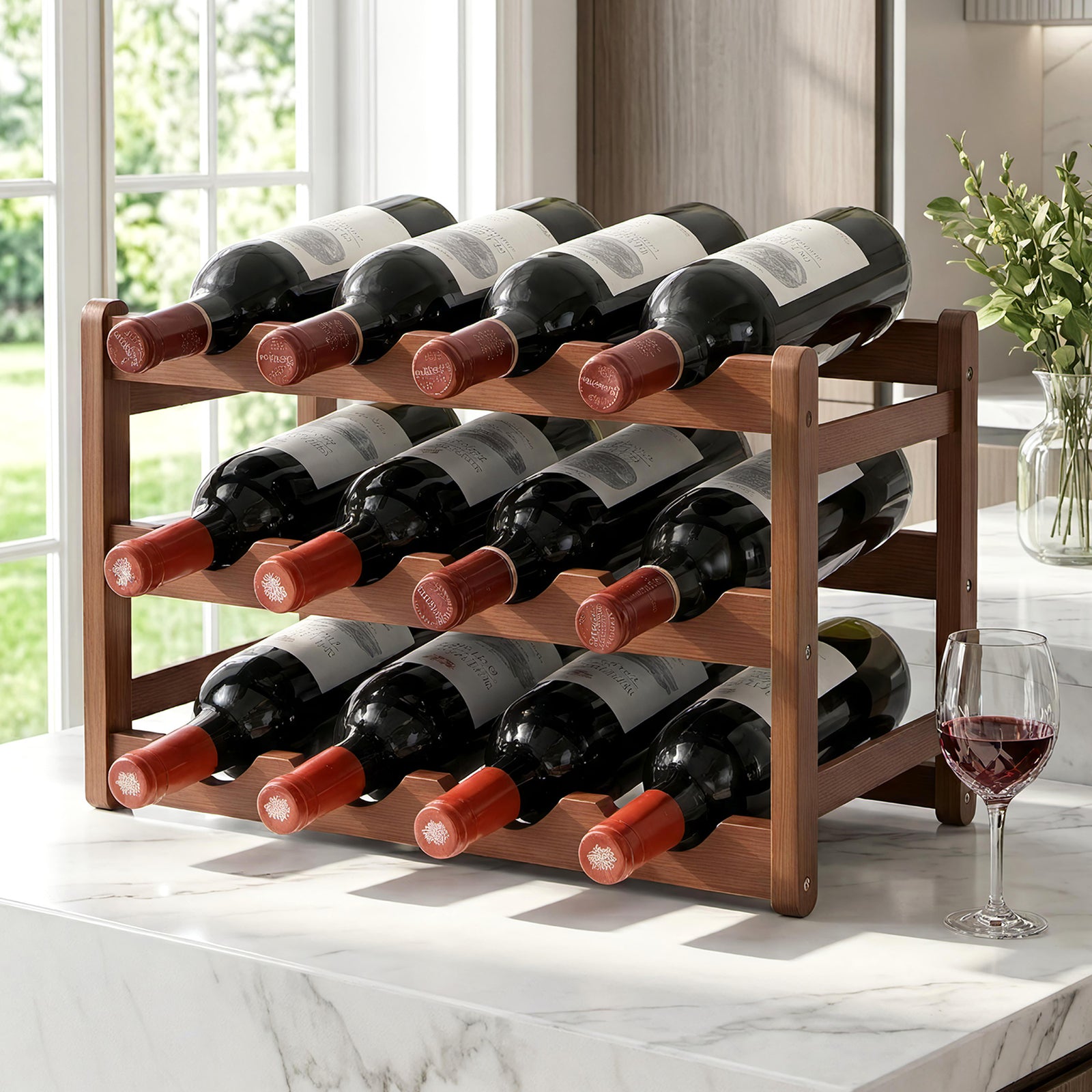 Bamboo Wine Rack | 3-Tier 12 Bottle Storage Display | Walnut