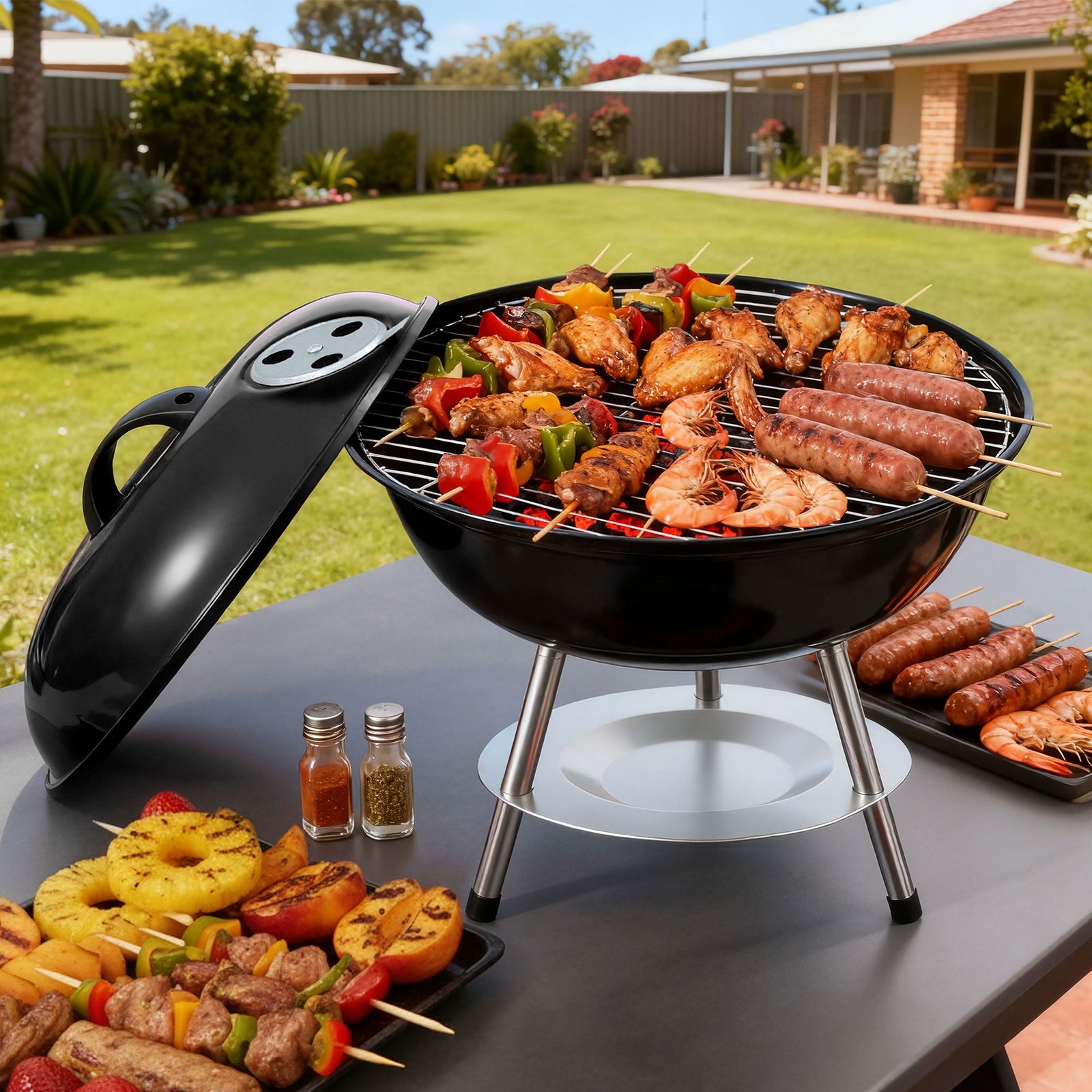 Charcoal BBQ Grill | Portable Outdoor Camping Grill with Lid