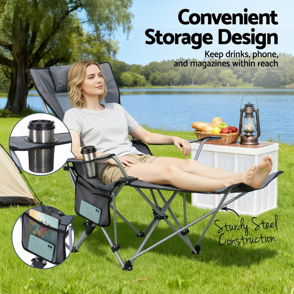 Camping Chair | Adjustable Recline | Portable Folding Outdoor Chair | Grey