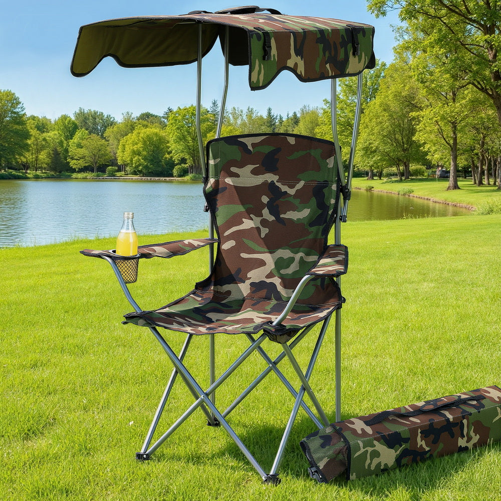 Camping Chair with Canopy | Folding Portable Seat | 120kg Capacity | Army Green