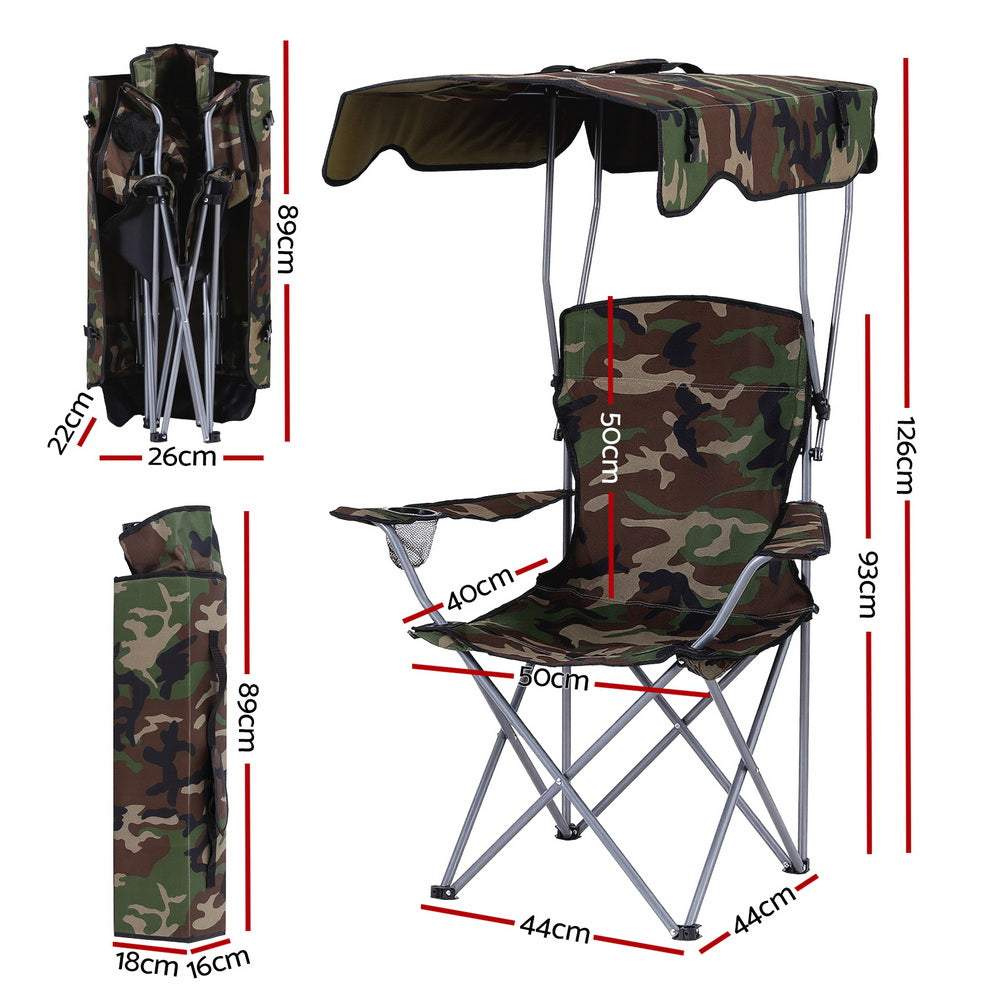 Camping Chair with Canopy | Folding Portable Seat | 120kg Capacity | Army Green