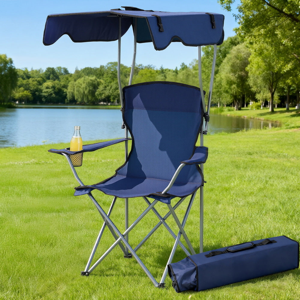 Folding Chair with Canopy | Portable Camping Seat | 120kg Capacity | Navy Blue