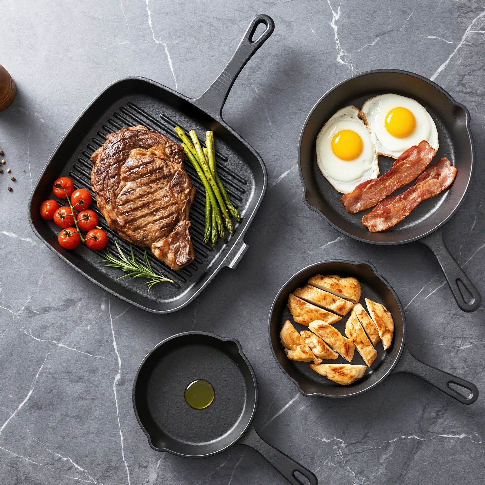 Cast Iron Fry Pan Set | 4 Piece Skillet Cookware | Induction Compatible