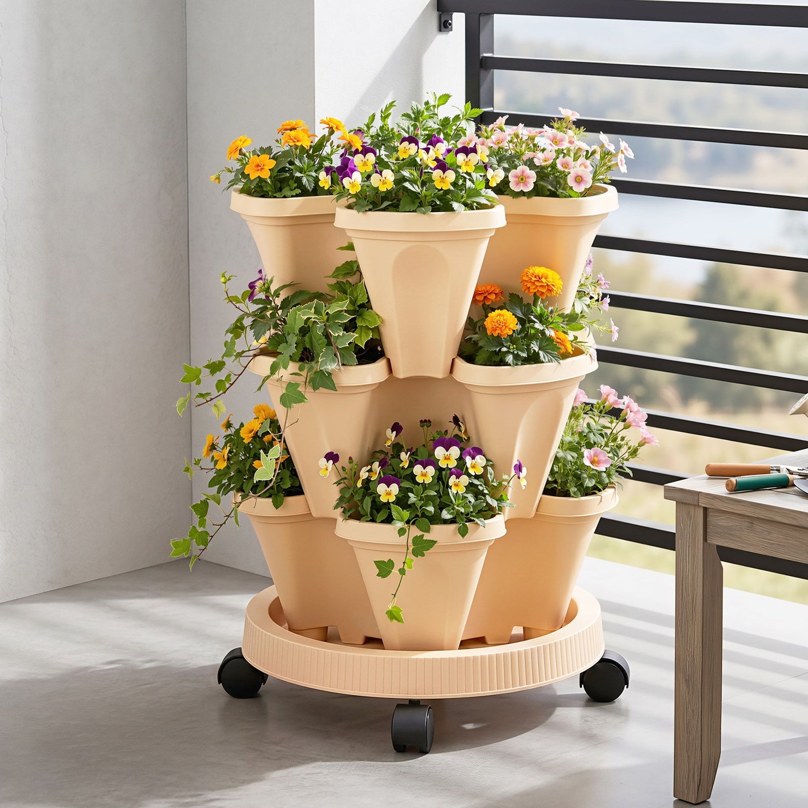 Vertical Planter Tower | 3-Tier Stackable Strawberry Pot with Wheels | Beige