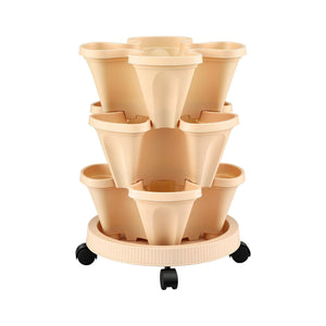 Green Fingers 3 Tier Stackable Vertical Planter Tower Strawberry Pot Wheels Beige