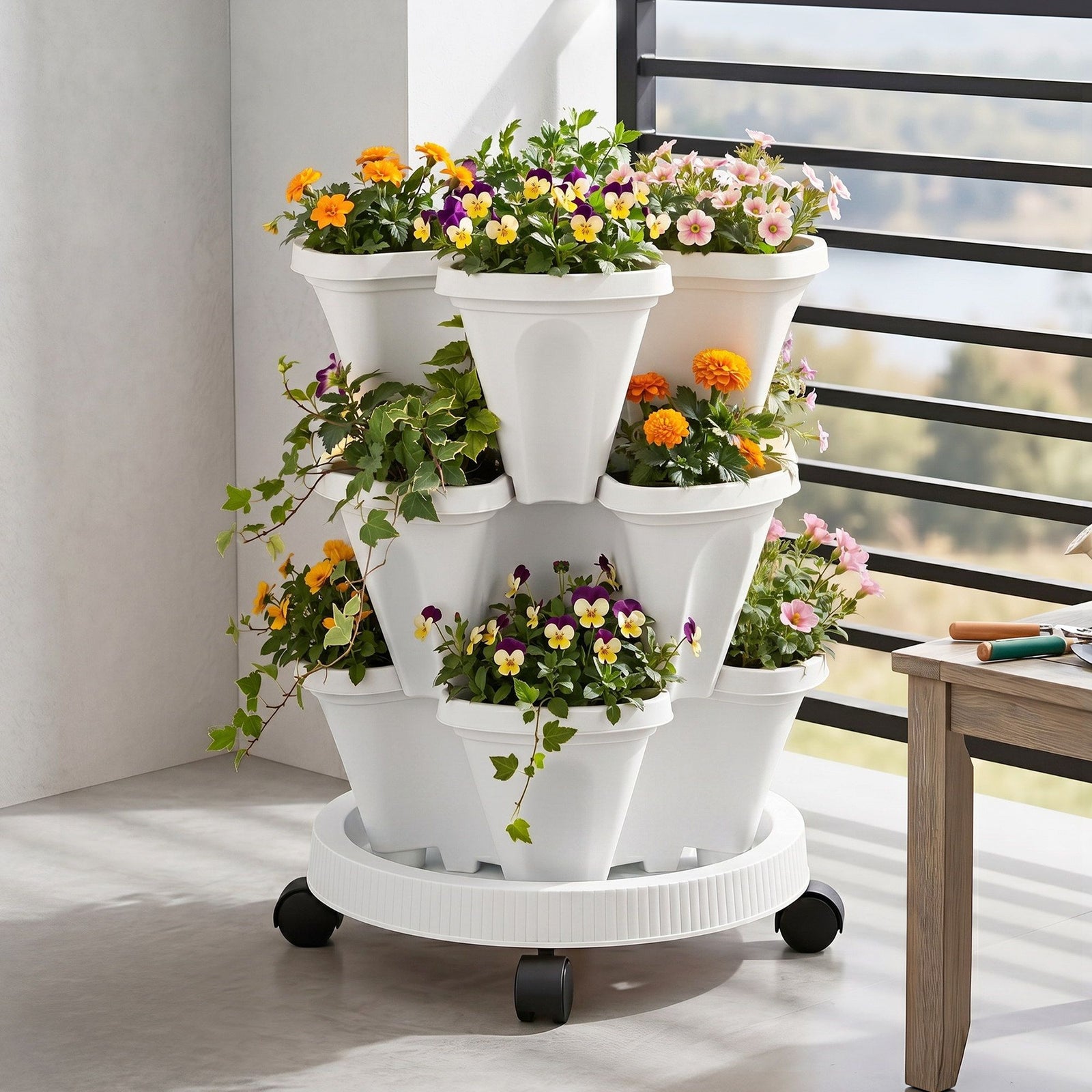 Vertical Planter Tower | 3-Tier Stackable Strawberry Pot with Wheels | White