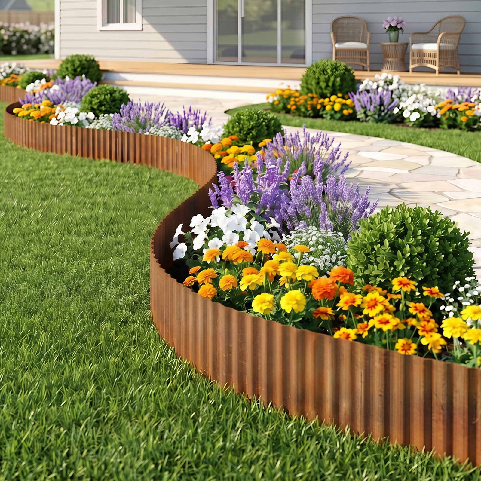 Metal Garden Edging | 10ft Flexible Corrugated Steel Border | Rust