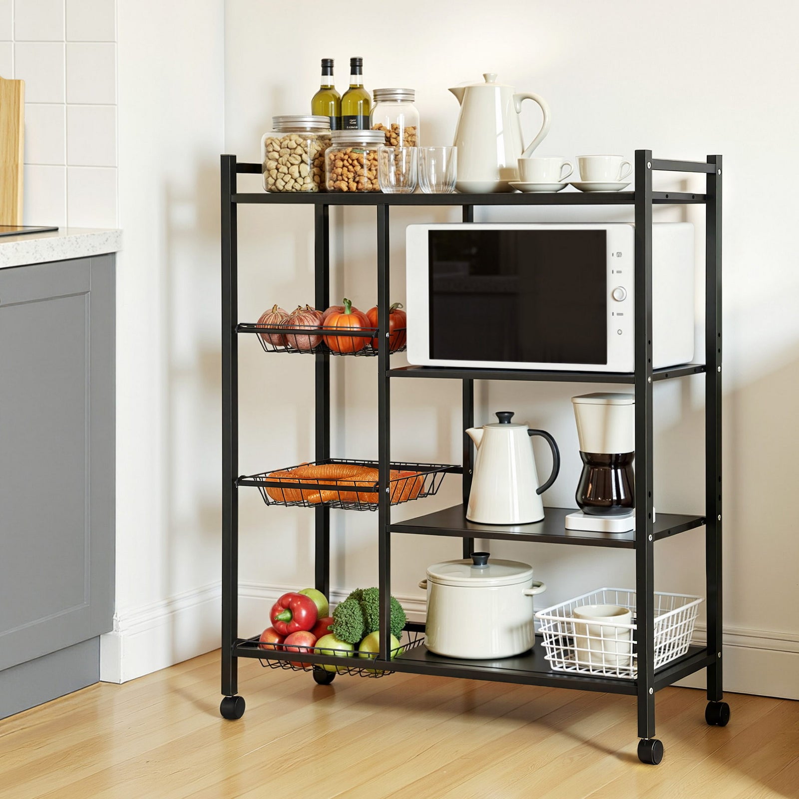 Kitchen Rack | 4-Tier Microwave Stand | 3 Baskets & Wheels