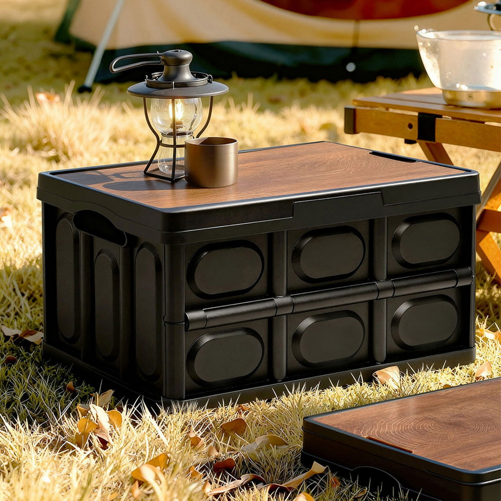 Folding Storage Crate | 50L | Stackable Outdoor Box | Plywood Lid | Black