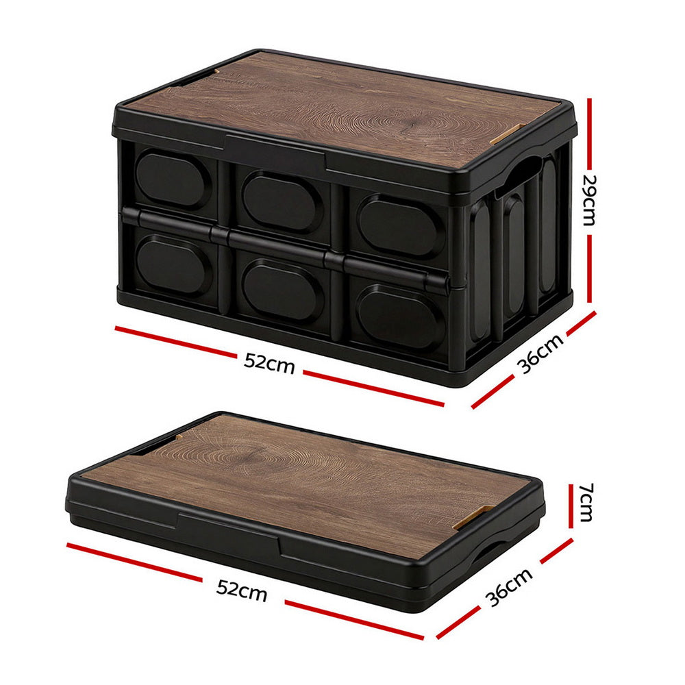 Folding Storage Crate | 50L | Stackable Outdoor Box | Plywood Lid | Black