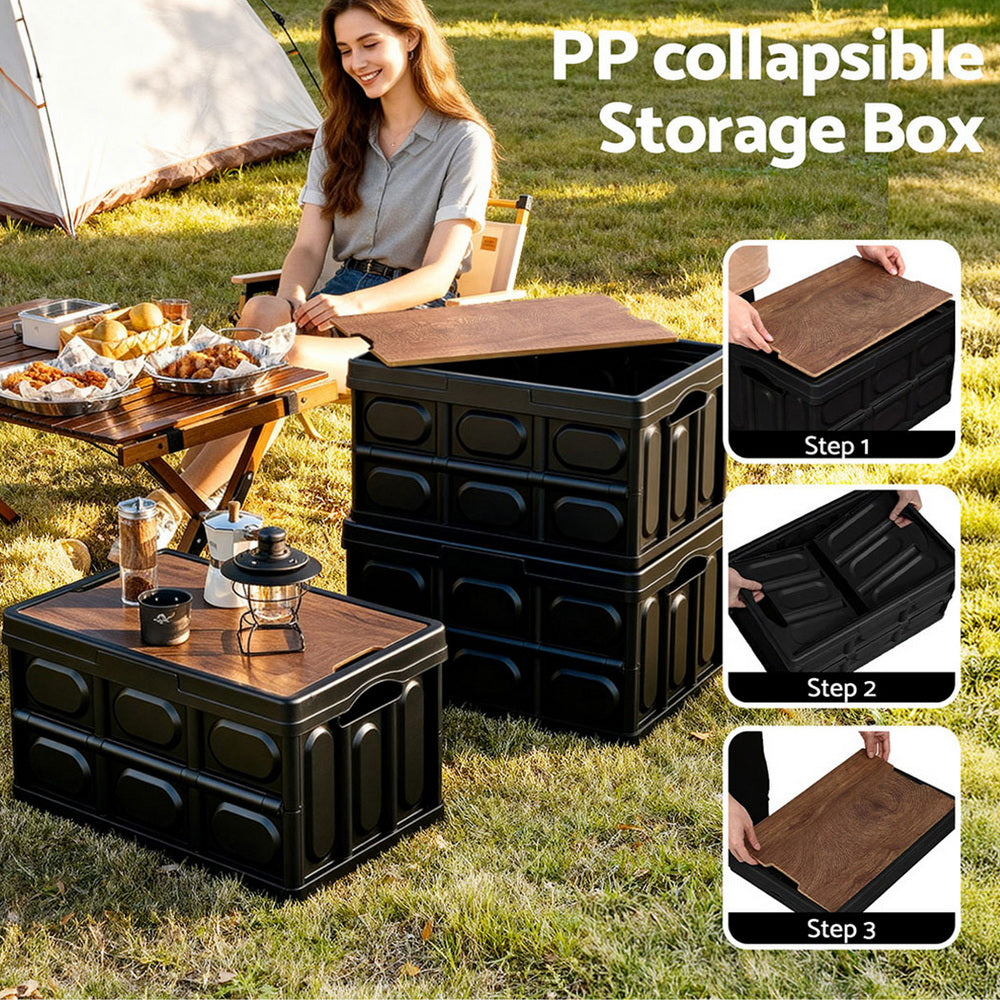 Folding Storage Crate | 50L | Stackable Outdoor Box | Plywood Lid | Black