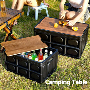 Folding Storage Crate | 50L | Stackable Outdoor Box | Plywood Lid | Black
