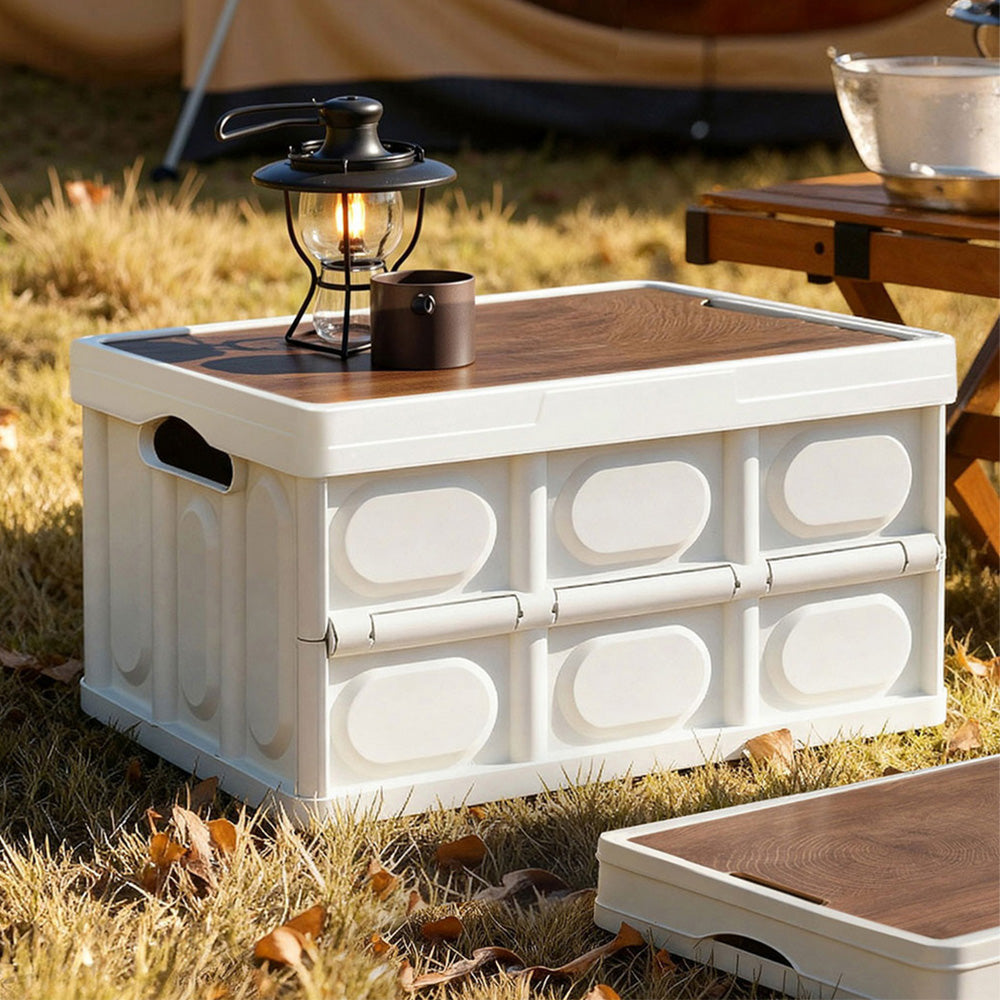Collapsible Storage Box | 50L | Stackable Folding Camping Organiser | Plywood Lid | Beige