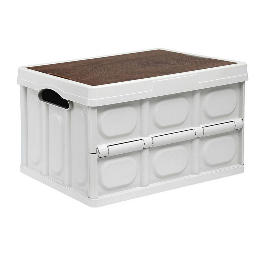 Collapsible Storage Box | 50L | Stackable Folding Camping Organiser | Plywood Lid | Beige