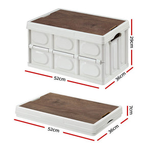 Collapsible Storage Box | 50L | Stackable Folding Camping Organiser | Plywood Lid | Beige
