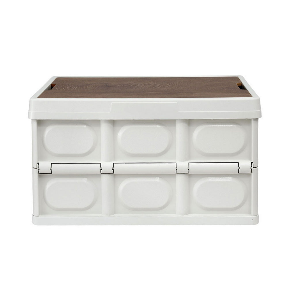 Collapsible Storage Box | 50L | Stackable Folding Camping Organiser | Plywood Lid | Beige