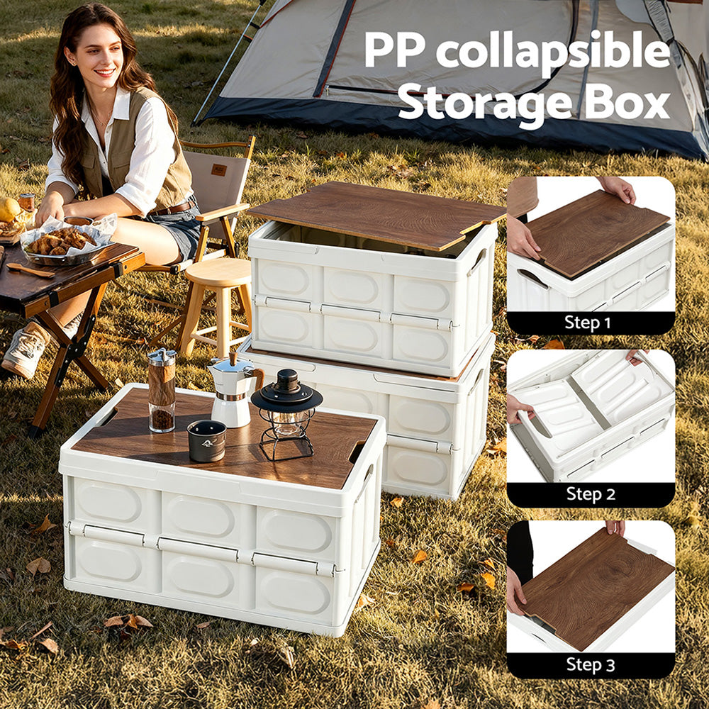 Collapsible Storage Box | 50L | Stackable Folding Camping Organiser | Plywood Lid | Beige