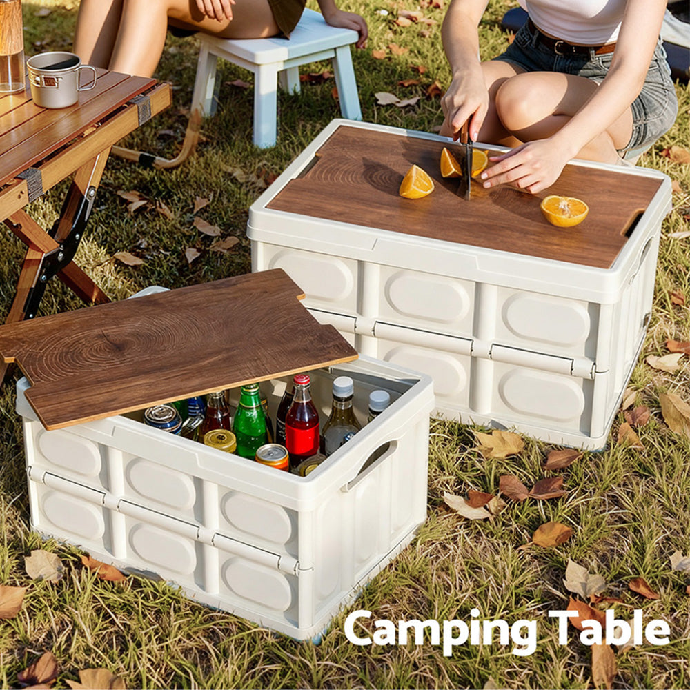 Collapsible Storage Box | 50L | Stackable Folding Camping Organiser | Plywood Lid | Beige