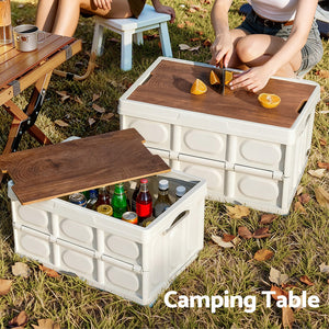 Collapsible Storage Box | 50L | Stackable Folding Camping Organiser | Plywood Lid | Beige