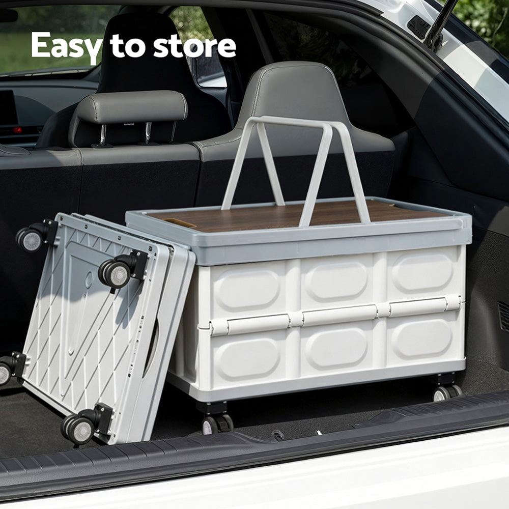 Collapsible Storage Box | 54L | Stackable | Wheels | Plywood Lid | Beige