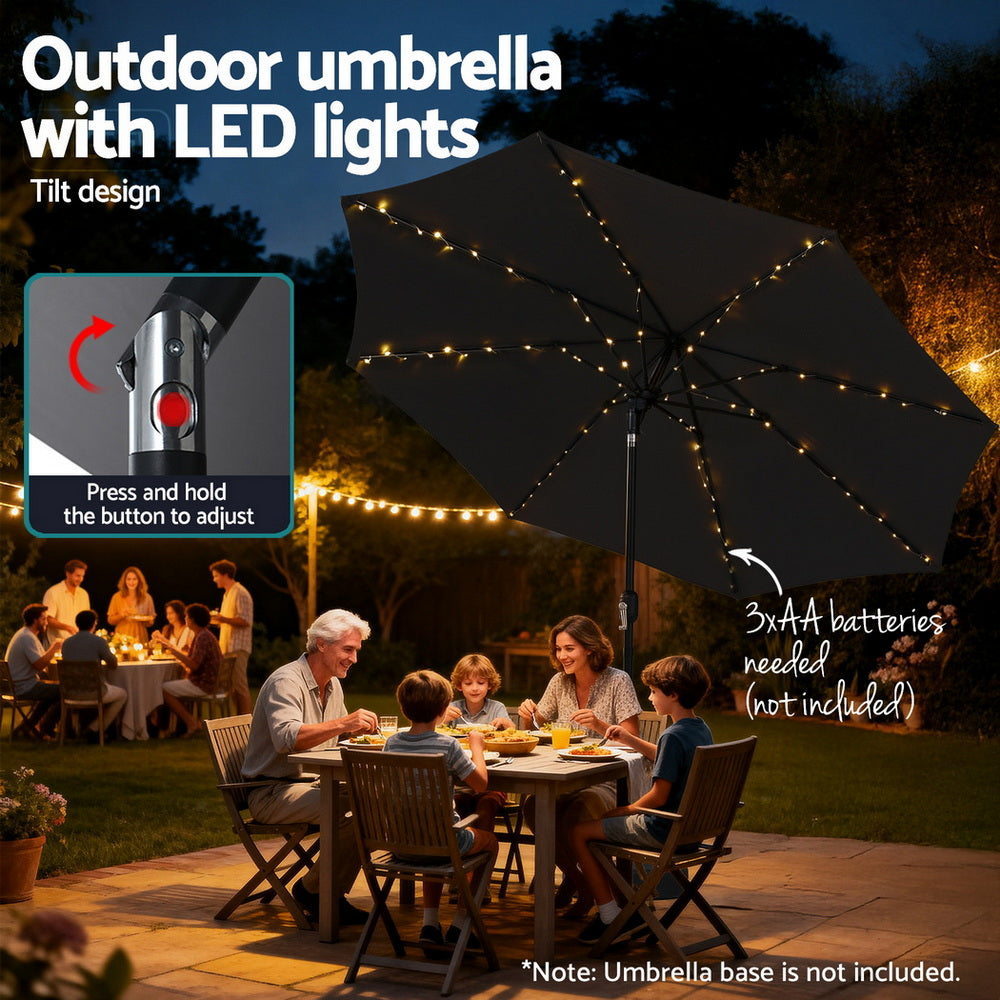 Patio Umbrella | 2.9m | Tilt + String Lights | Black