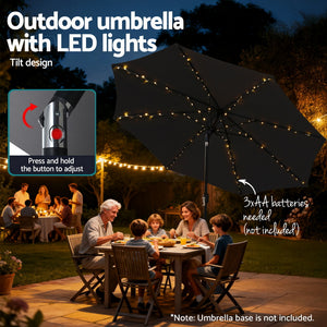 Patio Umbrella | 2.9m | Tilt + String Lights | Black