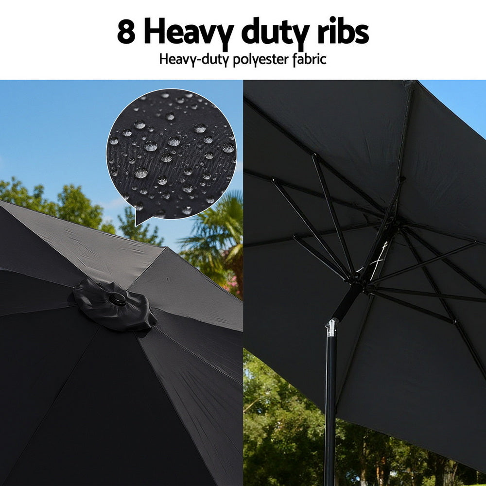 Patio Umbrella | 2.9m | Tilt + String Lights | Black