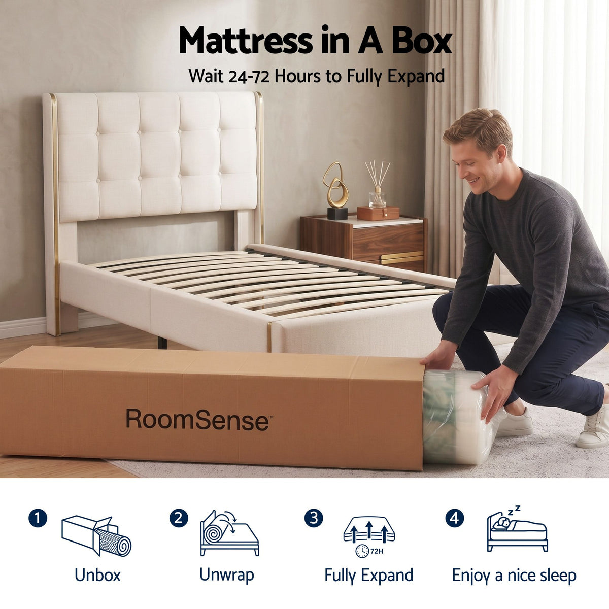 RoomSense King Single Mattress, 34cm Thick Medium Firm Hybrid Mattress for Back Pain Relief, Tencel Cooling Pocket Spring Mattress King Single Size in a Box