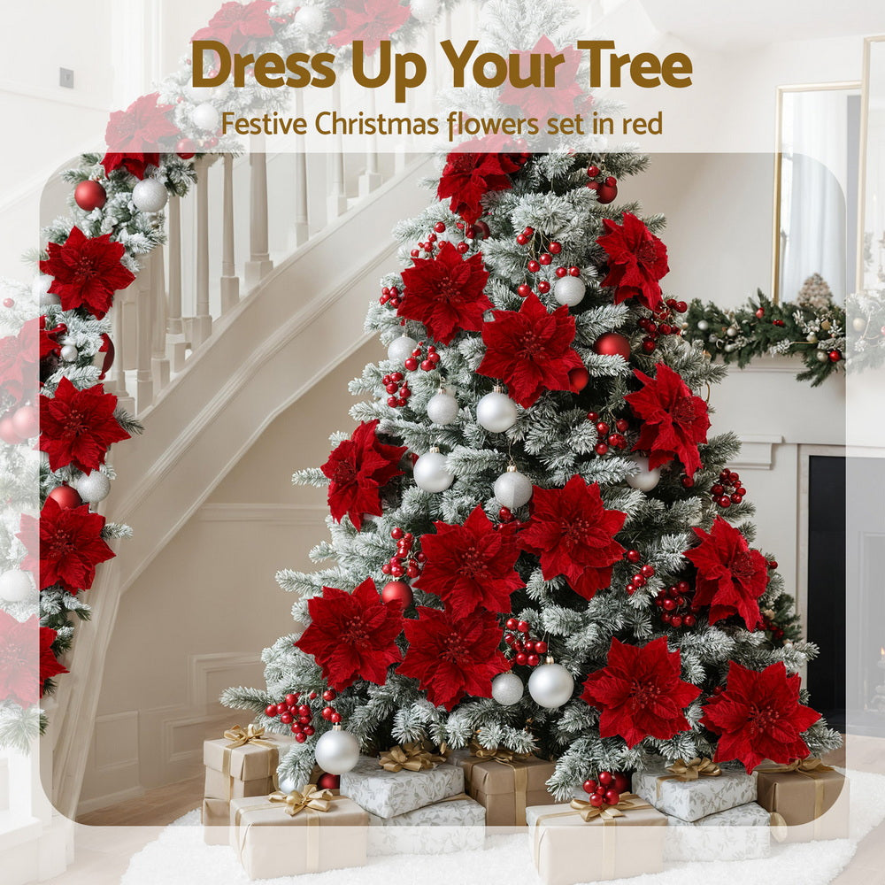 Christmas Tree Flower Set 14pcs | Red Magnolia Ornaments | Garland & Wreath Decor