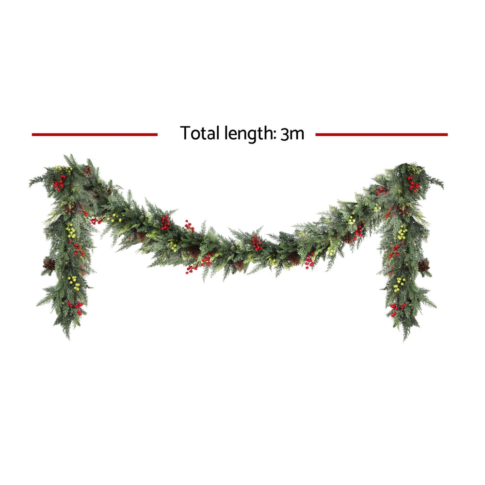 3m Pre-Lit Christmas Garland | LED Lights | Pine Cones | Green Xmas Decoration