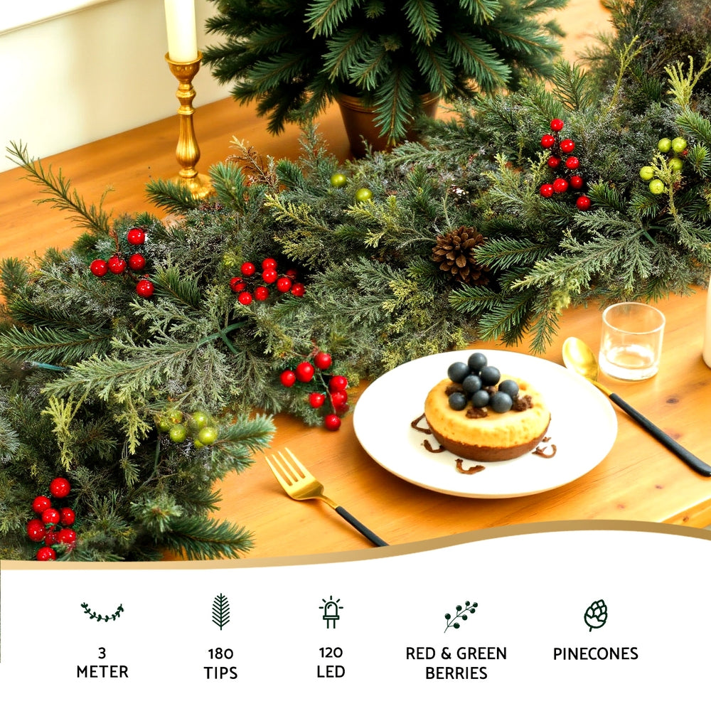 3m Pre-Lit Christmas Garland | LED Lights | Pine Cones | Green Xmas Decoration