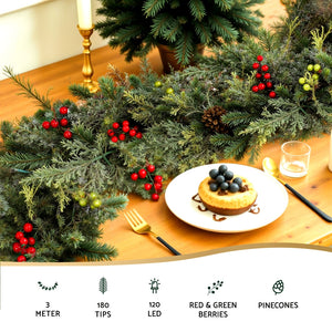 3m Pre-Lit Christmas Garland | LED Lights | Pine Cones | Green Xmas Decoration
