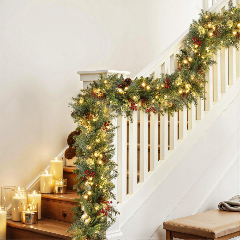 3m Pre-Lit Christmas Garland | LED Lights | Pine Cones | Green Xmas Decoration