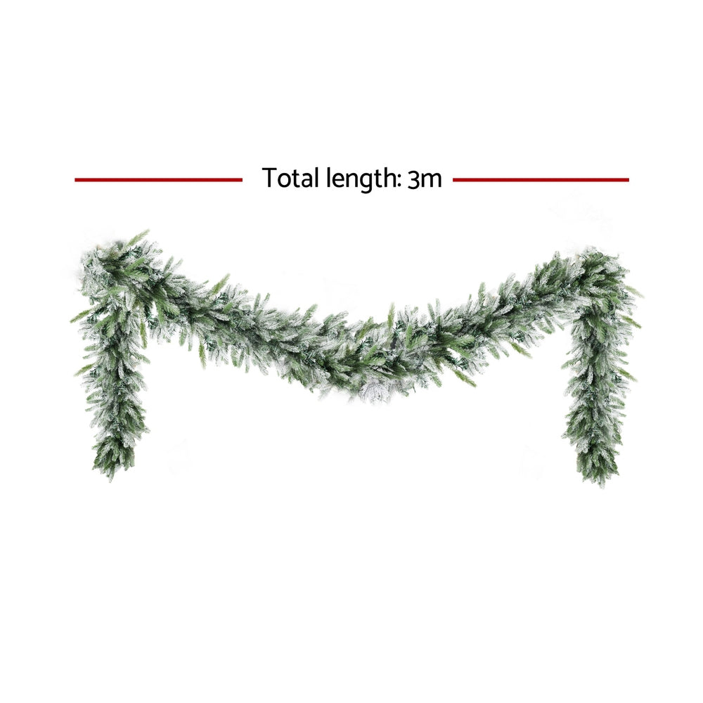 Christmas Garland 3m | Pre-Lit LED Lights | Snow Frosted Tips | Green Xmas Decoration