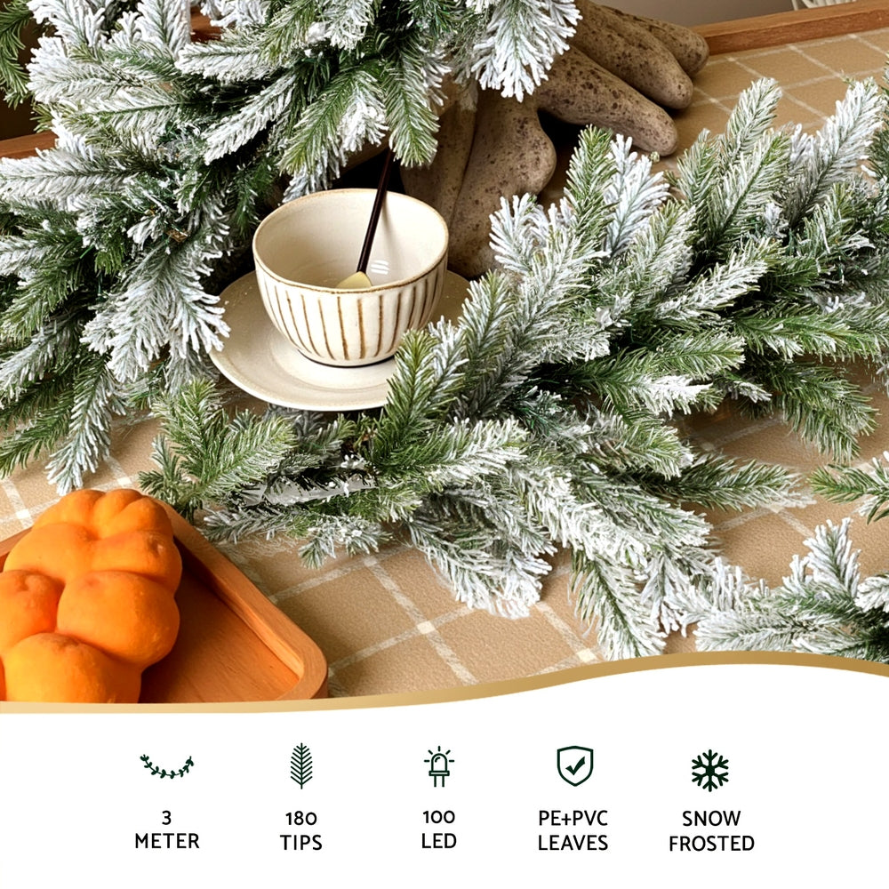 Christmas Garland 3m | Pre-Lit LED Lights | Snow Frosted Tips | Green Xmas Decoration