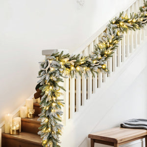 Christmas Garland 3m | Pre-Lit LED Lights | Snow Frosted Tips | Green Xmas Decoration